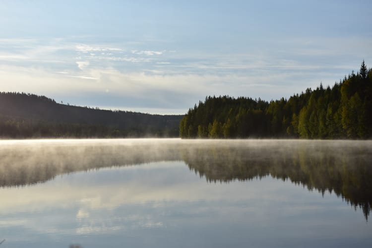 Herbstliche Stimmung mit Nebel über einem See. Mitte September in der nähe von Torsby, Schweden. Nachts waren es nur 3°C.